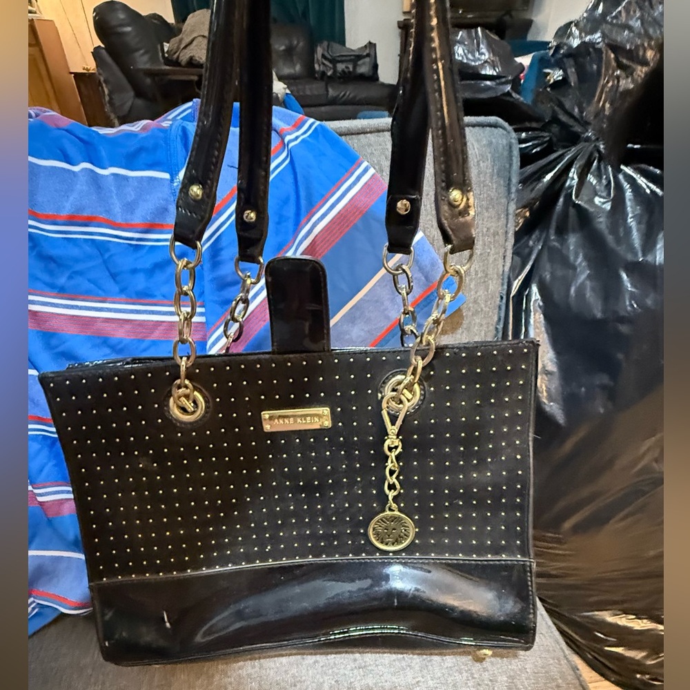 Anne Klein Black Patent Tote with Gold Studs and Chain Accents